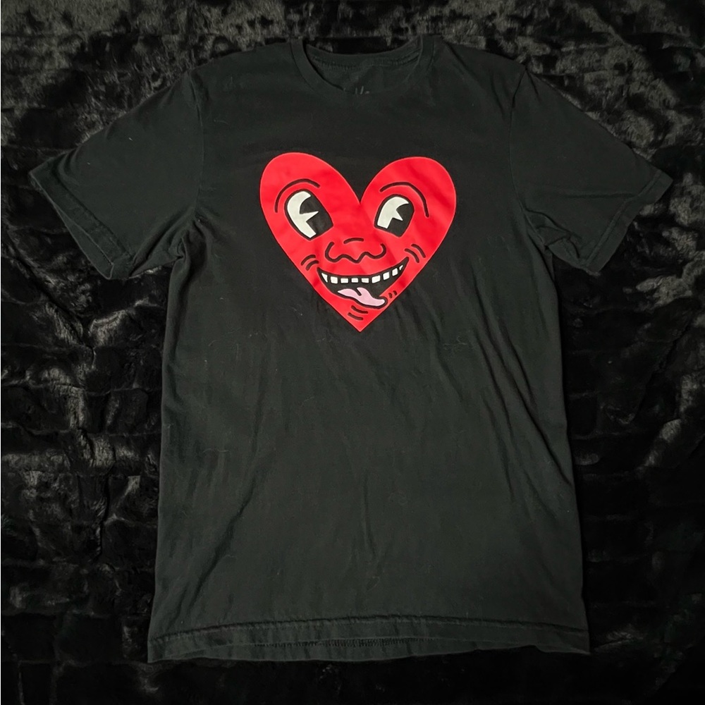 Black Keith Haring T-Shirt with Red Heart Graphic